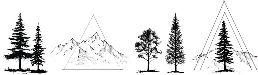 Obraz premium Black ink line drawing of trees and mountains, simple design, white background, logo-style vector art