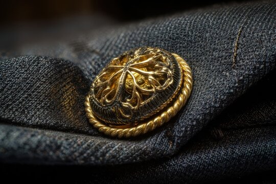 Ornate Gold Button on Dark Denim Fabric