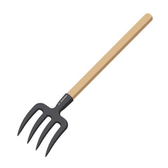 Garden compost fork with wooden handle and metal tines, transparent background, vector, isolated 