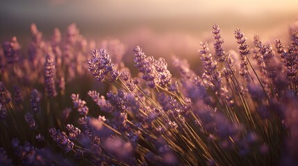 Lavender Field in Bloom at Sunset with Warm Golden Light and Soft Focus