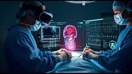Surgeons using augmented reality and virtual reality for advanced medical procedures, integrating technology in a futuristic operating room for enhanced precision and innovative healthcare solutions. - Powered by Adobe
