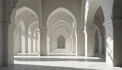 Obraz premium Serene White Arches: A Perspective View of a Grand Architectural Hallway with Light and Shadow Play