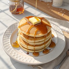 "Stack of fluffy pancakes drizzled with maple syrup and a pat of butter on top, isolated on transparent background, top-down view, soft natural lighting, photorealistic detail"
