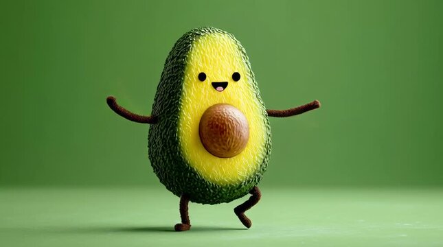 Fun and quirky animated avocado character dancing on a vibrant green background