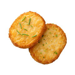 "Two golden brown hash browns with crispy texture, arranged side by side, isolated on transparent background, top-down view, clean soft lighting, photorealistic style"