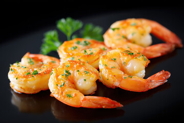 Grilled shrimp garnished with herbs on a sleek black plate showcasing culinary artistry