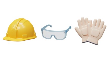 Safety First: Yellow Hard Hat, Blue Safety Glasses, and Protective Gloves on White