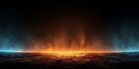 A dark atmosphere is illuminated by a bright green laser that cuts through smoke and fire, creating a vivid contrast