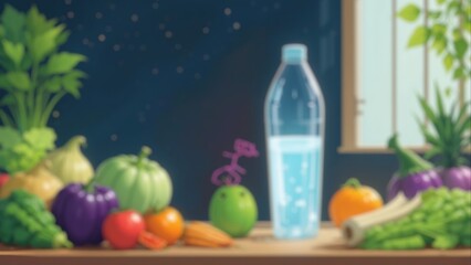 Glass of water with fresh fruits and vegetables on wooden table. Blurred background. Healthy lifestyle, hydration, detox, and organic nutrition concept in natural light.