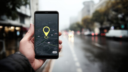 Smartphone displaying map with location pin in urban setting during rainy weather