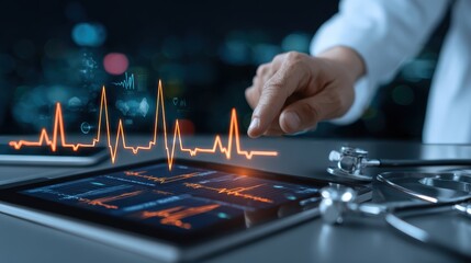 Hand Using Digital Tablet to Analyze Heartbeat Data 