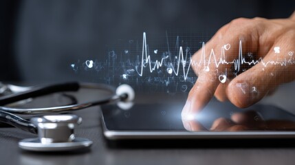 Hand Using Digital Tablet to Analyze Heartbeat Data 