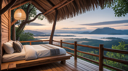 Cozy wooden cabin bedroom with a bed on a balcony overlooking misty mountains view