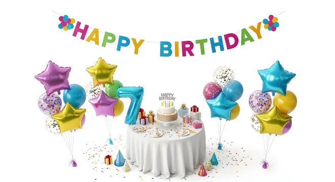 Happy 7th birthday party setup with balloons and gifts