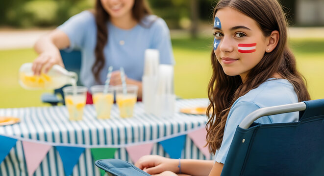 A girl with painted face celebrates the independence day and drink a cup of lemonade.