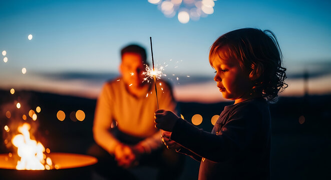 A child holding a sparkler with a parent in the background.