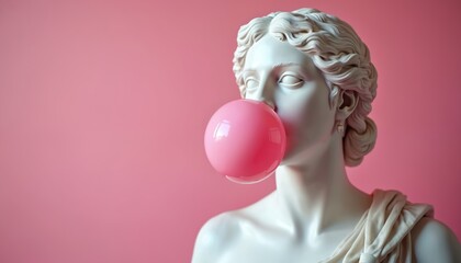 Classic Greek statue of woman blowing large pink bubble gum against pastel pink background. Artistic representation blends ancient sculpture with modern pop culture, offering unique, stylish visual.