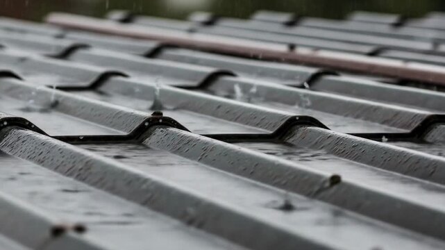 Rain Falling on Roof Tiles Creating Splashes Slow Motion