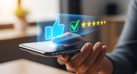 Customer satisfaction feedback on mobile phone with positive review and five star rating online app 100