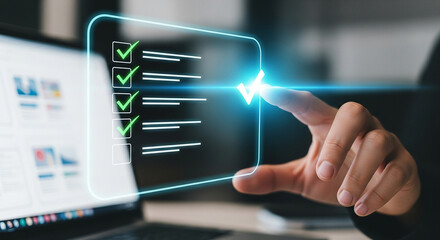 Online checklist digital task management with finger pointing at screen for business productivity
