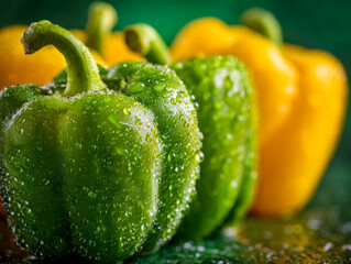 Fresh green and yellow bell peppers with water droplets for healthy cooking