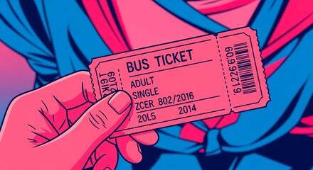 Colorful design of a bus ticket held in a hand showcasing travel details and fare information in an illustrative style