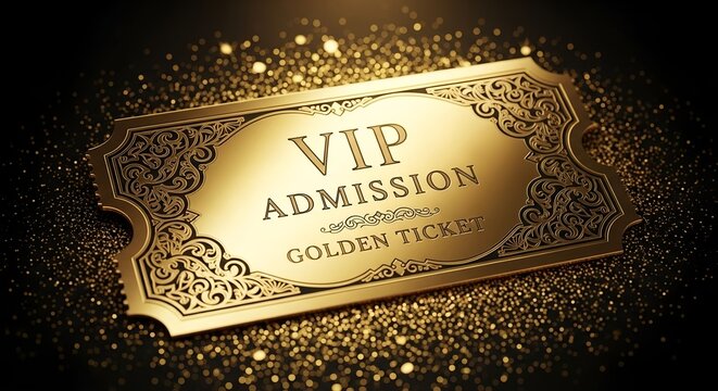 Golden VIP admission ticket symbolizes luxury access to exclusive events and experiences in a glamorous setting