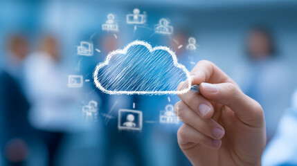 Hand drawing a digital cloud with interconnected icons representing cloud computing and data sharing