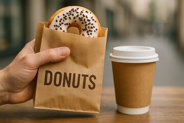 Street-style close-up of a hand holding a donut in a kraft paper bag accompanied by a takeaway coffee cup — perfect for an on-the-go breakfast moment