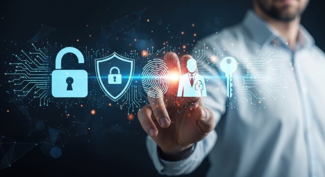 Closeup of a mans hand touching a futuristic digital interface with security and medical icons, representing digital access and data protection