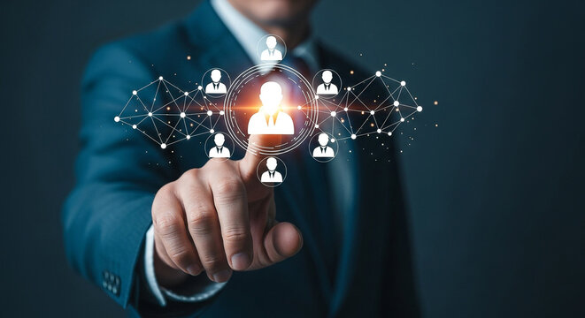 Man pointing at network connection for hr recruitment and social media marketing business strategy concept