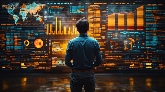 Modern conceptual illustration: a man in business clothes stands in front of a giant digital panel with many graphs, charts, maps and analytical data.  