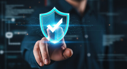 Cyber security shield protection with check mark for data privacy network access and safe online browsing