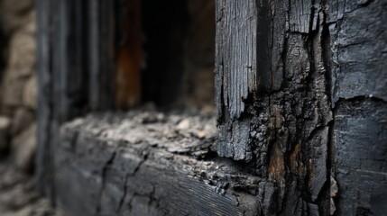 A charred wooden doorframe, edges blackened by fire, with soot patterns radiating outward like veins.