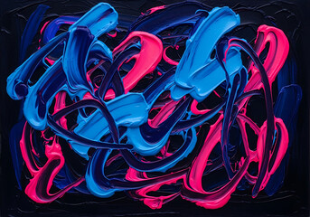 Vibrant abstract painting with energetic blue and pink brush strokes on black