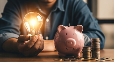 Saving energy costs ideas with lightbulb and piggy bank for financial savings and investment tips