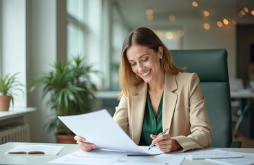 Young businesswoman smiles reviewing documents at clean organized desk. Holding pen, she works on papers. Confident executive analyzes finance report in modern office workplace.