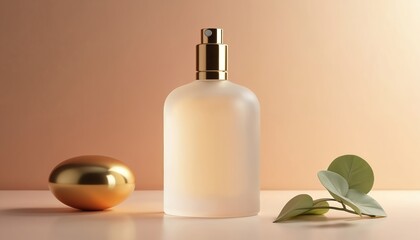 Elegant frosted glass perfume bottle with gold accents stands on reflective surface. Soft lighting illuminates minimalist display, featuring metallic sphere, green leaf decoration. Luxury cosmetic