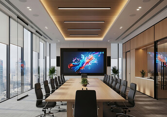 Modern conference room with large screen and city view, ideal for business meetings
