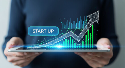 Start up business growth strategy on tablet showing financial success and market trends analysis data