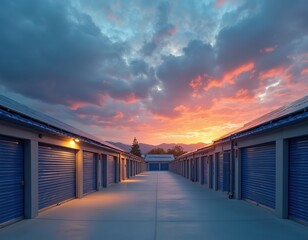 Modern storage facility with rows of blue roll-up doors. Rooftops fitted with solar panels catch the dramatic sunset sky. Offers sustainable energy, efficient space, and secure organization.