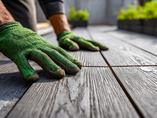 Person installing outdoor wooden decking with gardening gloves on