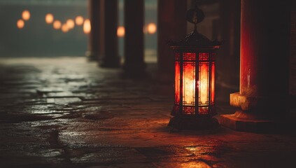 Glowing Red Lantern In A Stone Alleyway At Night