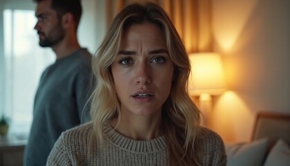 Close-up of woman face showing distress. Man stands blurred in background, suggesting domestic tension. Scene conveys marital, emotional turmoil, and psychological strain within home setting.