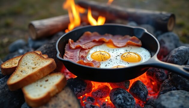 Hearty campfire breakfast features sizzling bacon, sunny-side-up eggs cooked in cast iron skillet over glowing coals at dawn. Slices of golden toast sit nearby, ready to dipped into rich yolks. - Powered by Adobe