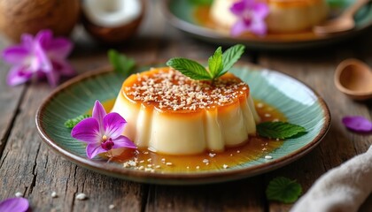 Rich Cuban flan de coco dessert served on a rustic plate. Creamy custard topped with caramel sauce, toasted coconut flakes, fresh mint, and vibrant orchid flowers. A delightful tropical treat.