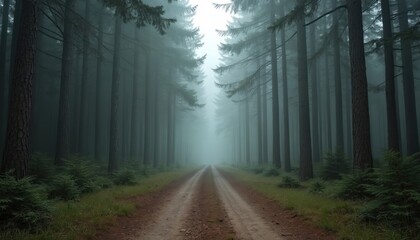 Dirt road winds through dense, misty forest of tall pine trees. Fog creates mysterious, serene atmosphere. Green plants lines path, with small trees, grass. Tranquil scene invites exploration, hiking