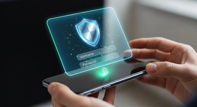 Mobile phone security login with username password and fingerprint scan for data protection and privacy