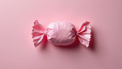Minimalist image features single pink candy wrapped in textured paper tied at ends. Simple, clean background in pastel pink complements sweet, sugary confectionery. Monochromatic aesthetic evokes