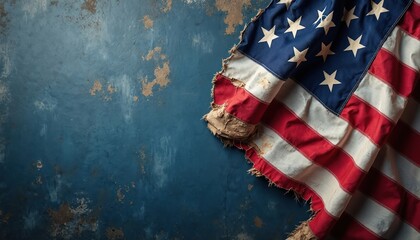 Tattered American flag draped on textured blue background. Worn, distressed fabric with stars, stripes signifies patriotism, resilience. Grunge style, symbolic of national pride, historical events,